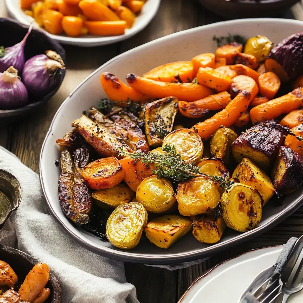 A platter of colorful, roasted vegetables including carrots, sweet potatoes, and yellow potatoes, garnished with fresh thyme, alongside bowls of additional roasted carrots and purple onions.