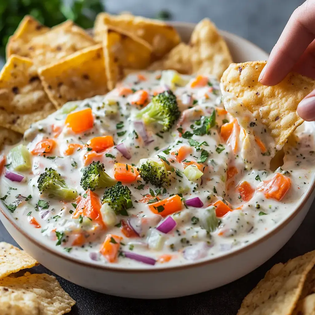 A hand dips a tortilla chip into a creamy vegetable dip surrounded by additional chips.