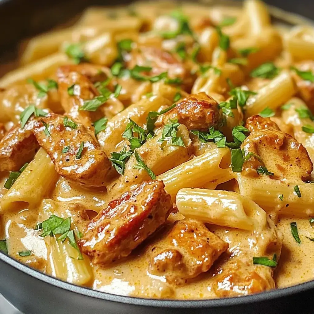 A creamy pasta dish with rigatoni, tender pieces of chicken, and garnished with fresh parsley.