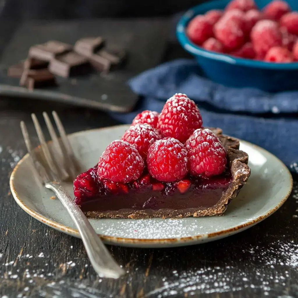 A slice of chocolate tart topped with fresh raspberries and a dusting of powdered sugar, served on a plate with a fork, against a dark wooden background.