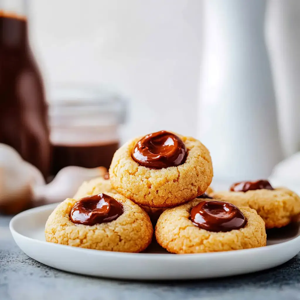 A plate of golden cookies topped with glossy chocolate fudge, with a blurred background featuring a glass jar and a white pitcher.