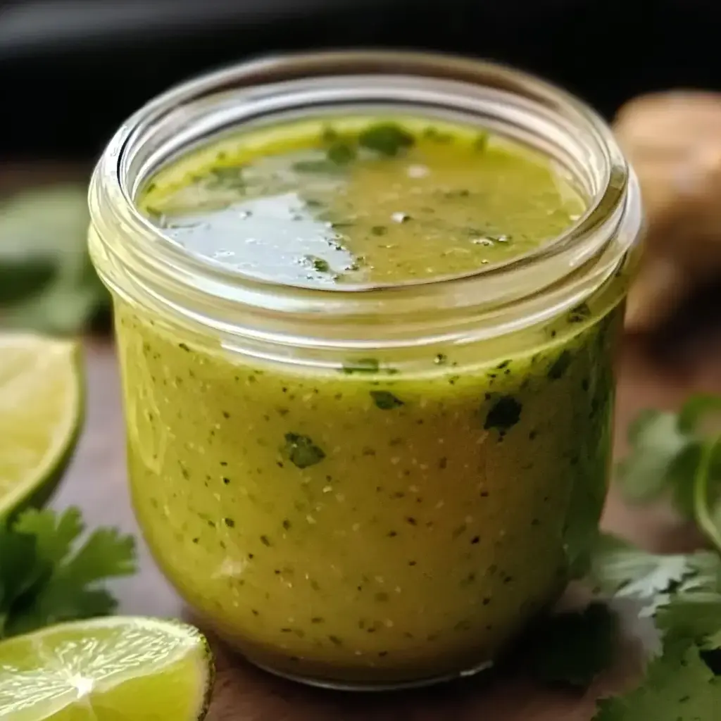 A jar of green sauce is accompanied by lime halves and fresh cilantro on a wooden surface.