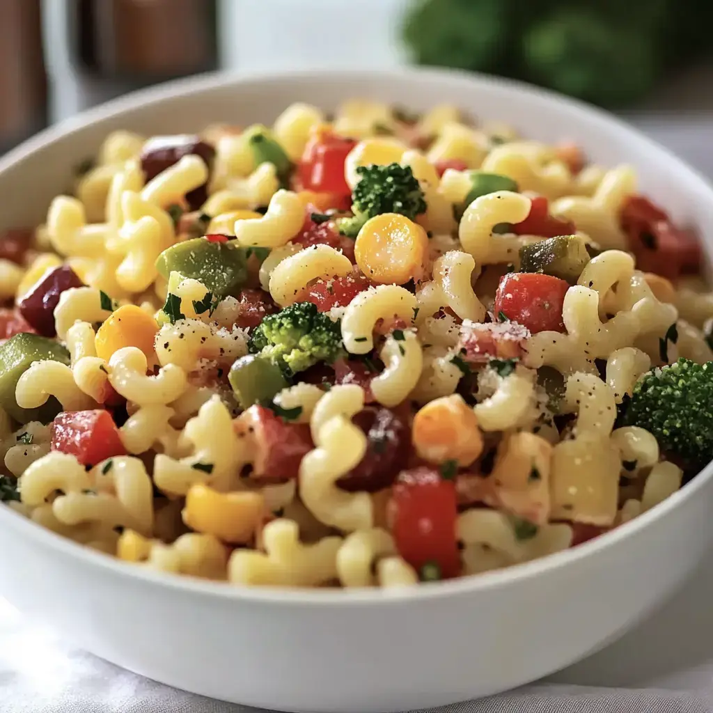 A bowl of colorful pasta salad featuring spiral noodles, corn, broccoli, bell peppers, and diced tomatoes.