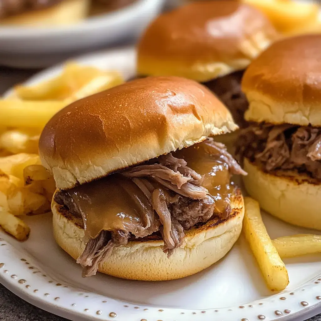 A close-up of two pulled beef sandwiches with gravy on soft buns, accompanied by slices of golden fries.