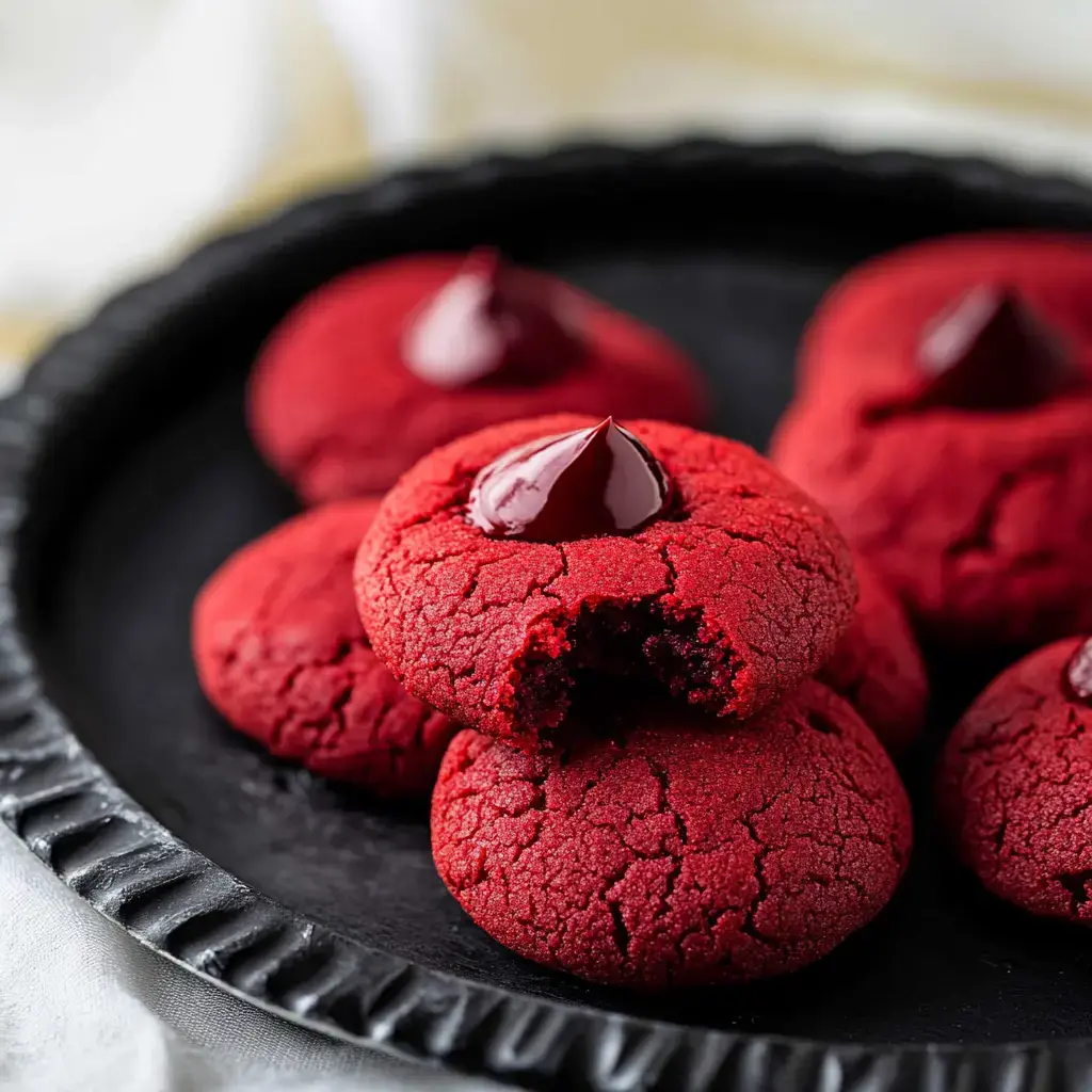 A close-up of red velvet cookies topped with chocolate ganache on a black plate.