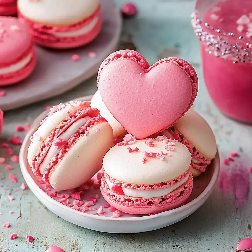 A plate of pink and white macarons, including a heart-shaped macaron, is surrounded by pink sprinkles.