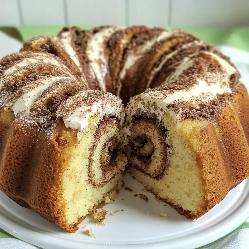 A sliced bundt cake with swirls of chocolate and topped with a dusting of cocoa powder and cream.