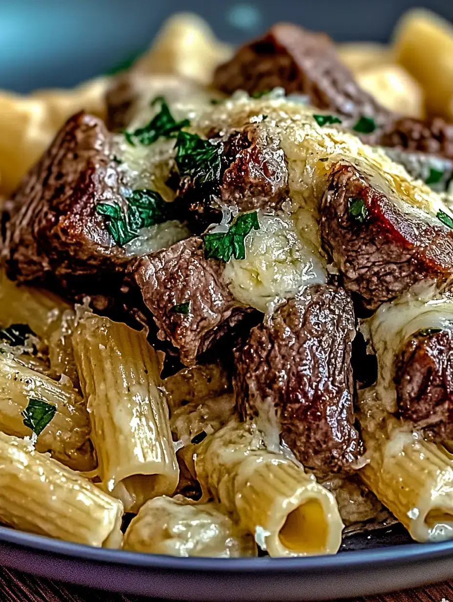 A close-up of a creamy pasta dish featuring rigatoni topped with tender pieces of beef and sprinkled with fresh parsley.