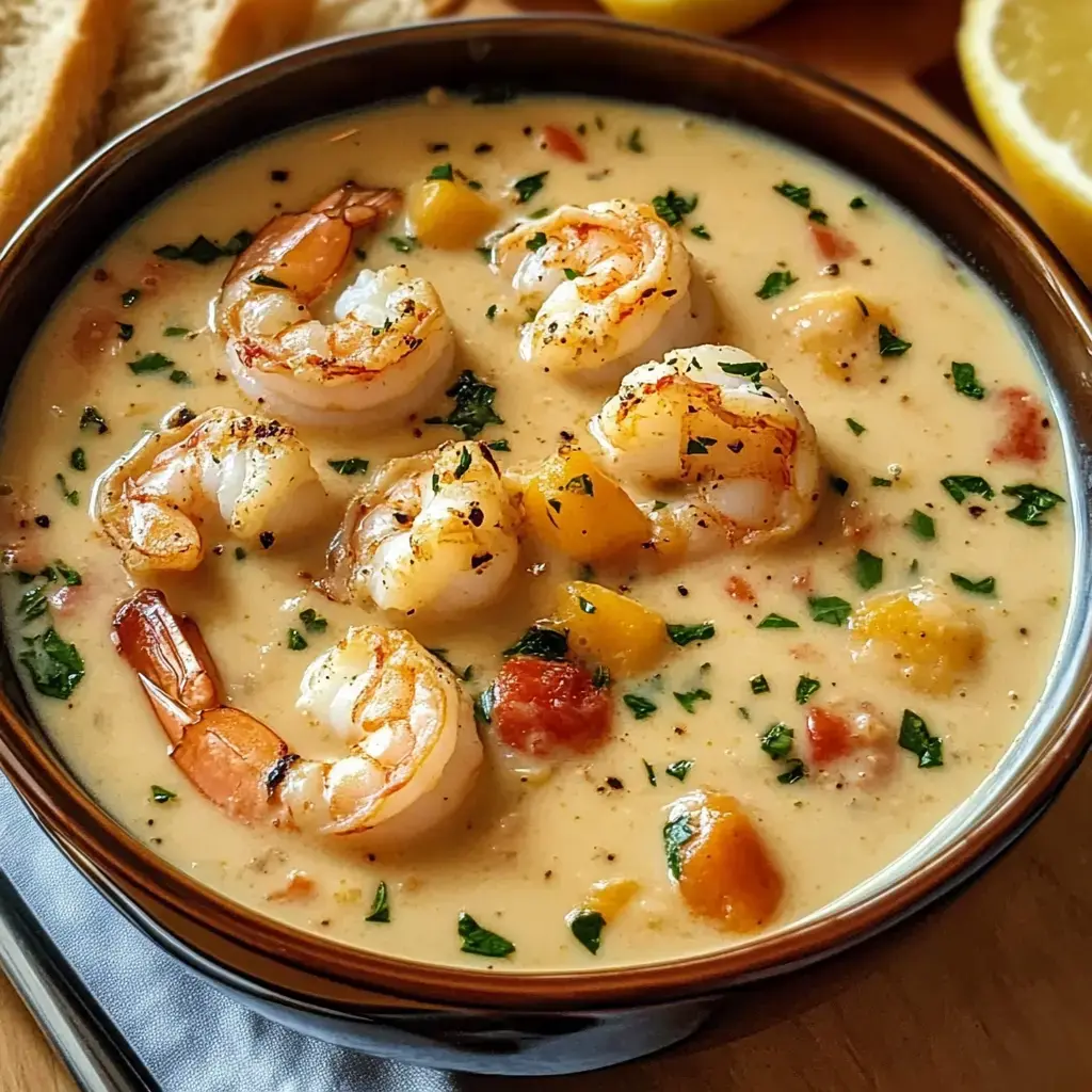 A bowl of creamy shrimp soup with chopped herbs and pieces of vegetables, accompanied by slices of bread and lemon wedges.