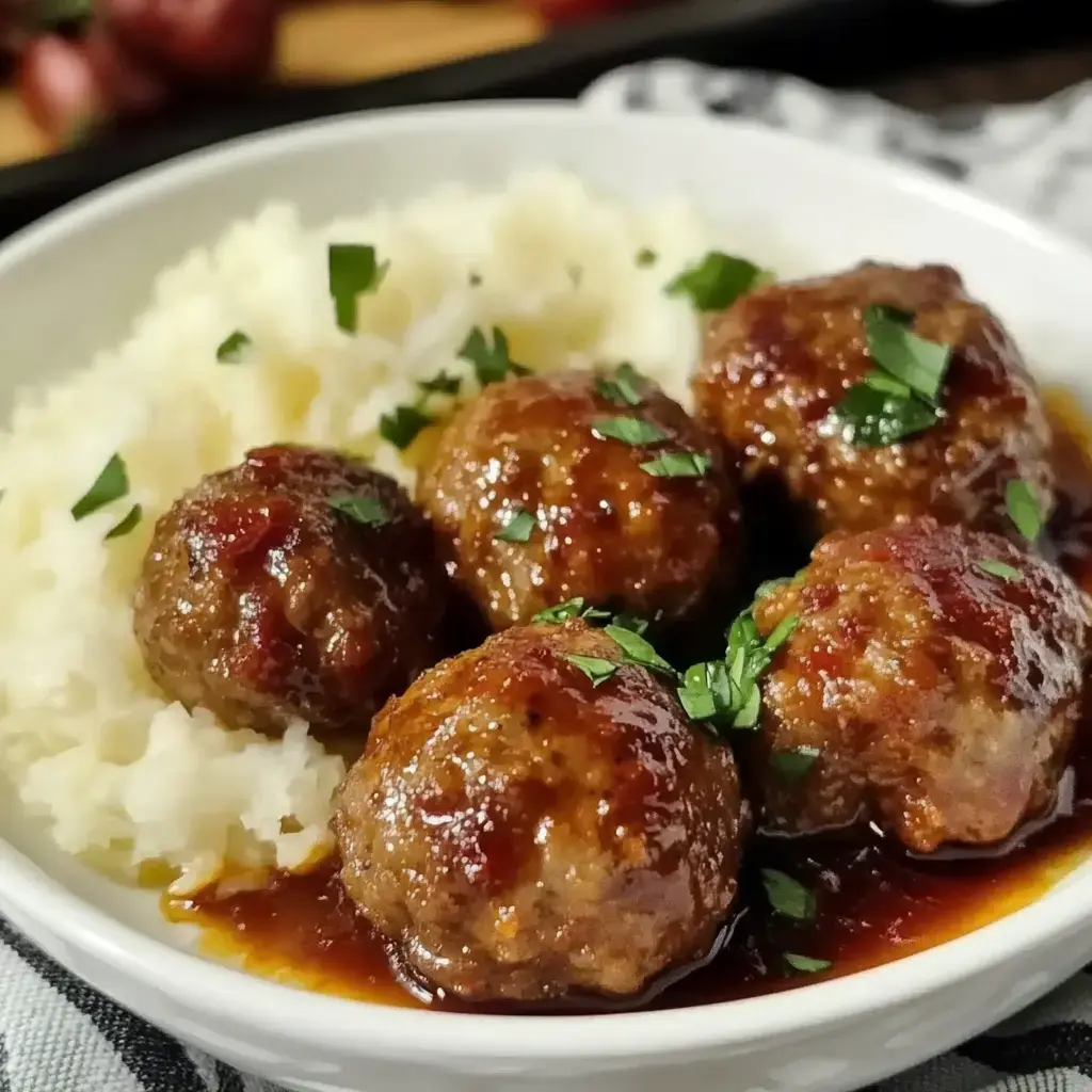 A bowl of meatballs topped with sauce and chopped parsley, served over a bed of fluffy mashed potatoes.