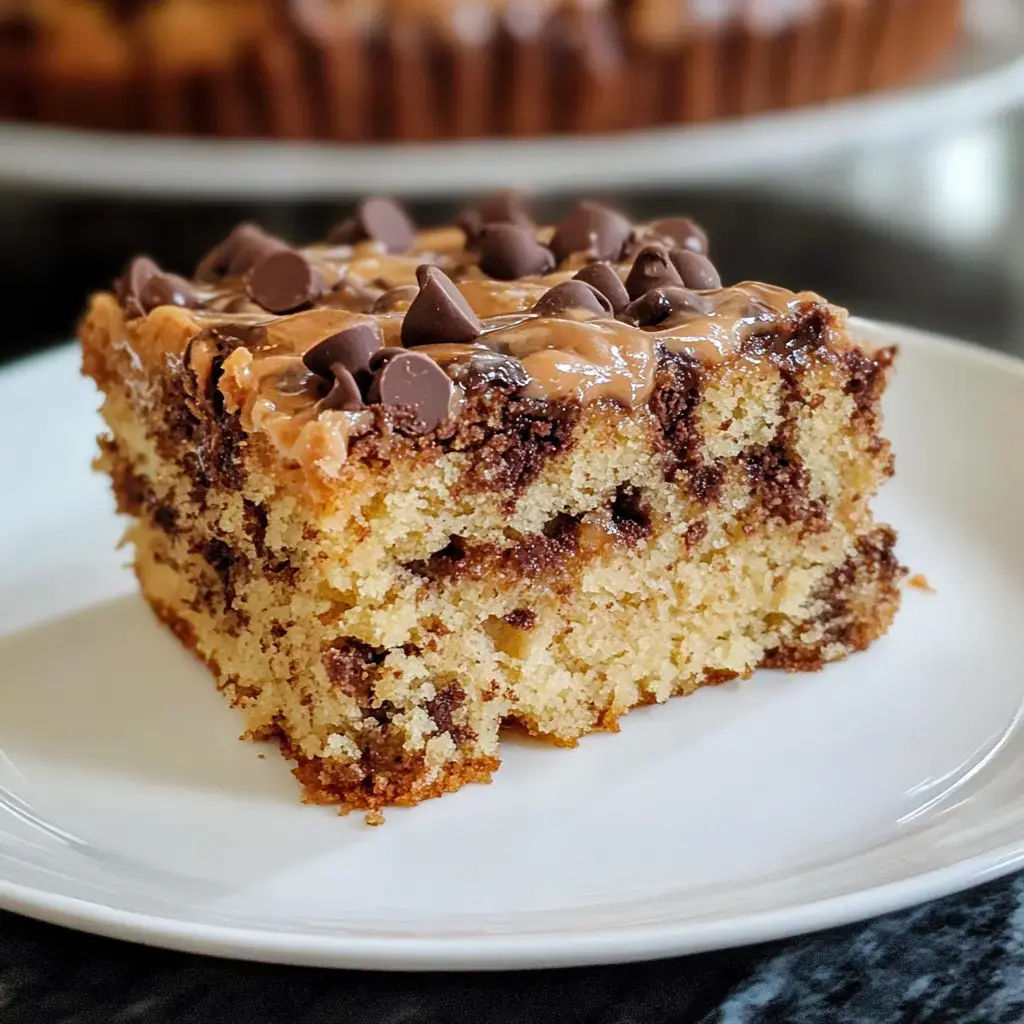 A slice of chocolate chip cake topped with melted chocolate and mini chocolate chips on a white plate.