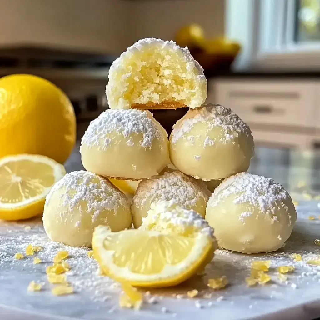 A stack of lemon-flavored confectioneries dusted with powdered sugar sits on a white plate, accompanied by fresh lemon slices and a whole lemon in the background.