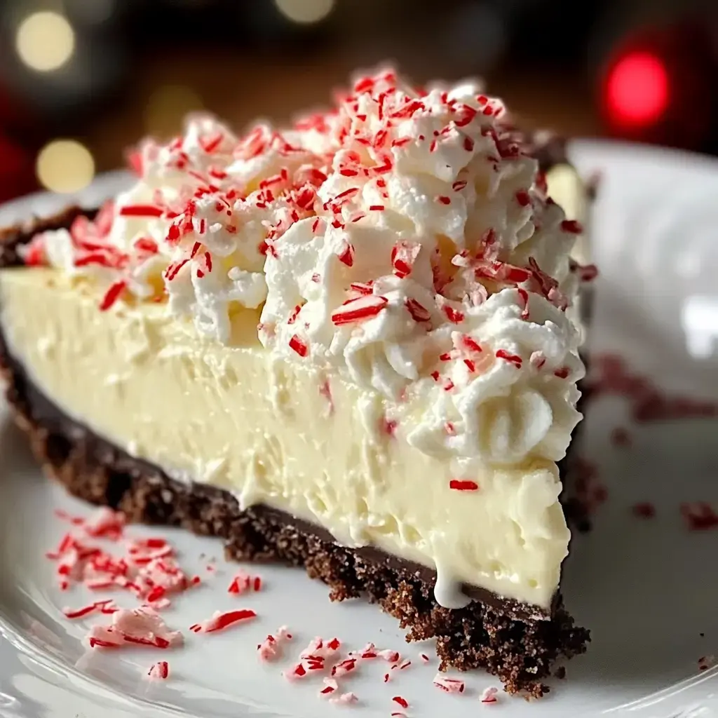 A slice of cream pie topped with whipped cream and crushed peppermint candies, served on a decorative plate.