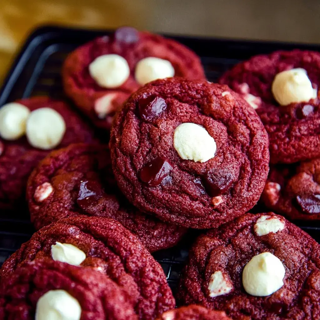 A close-up of freshly baked red velvet cookies topped with white and dark chocolate chips on a cooling rack.