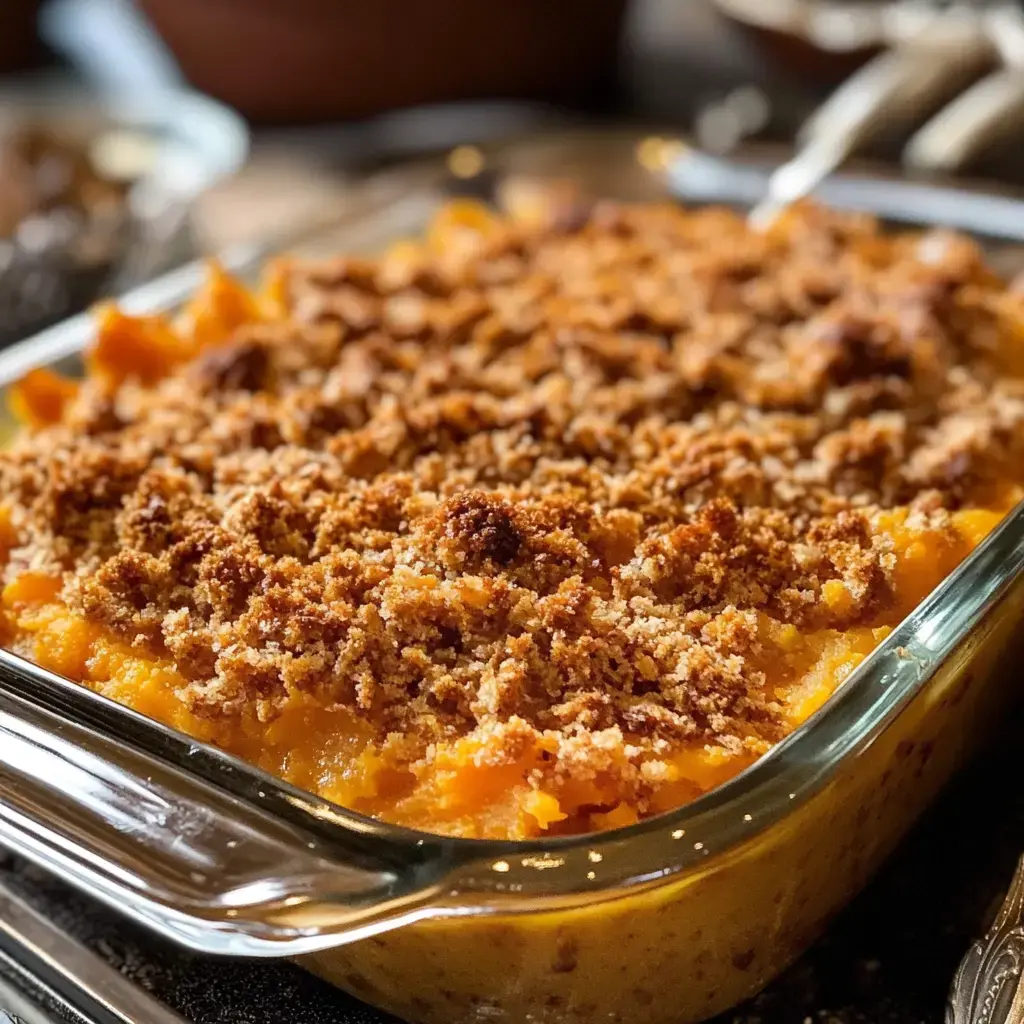 A close-up of a baked sweet potato casserole topped with a crunchy breadcrumb crust in a glass dish.