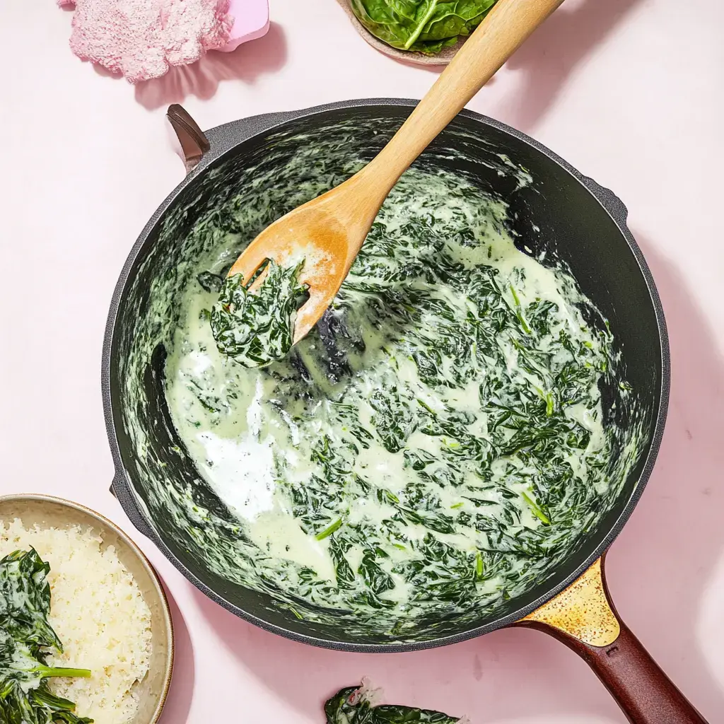 A wooden spoon is stirring creamy spinach in a black pot, with a bowl of rice and fresh spinach leaves nearby on a pink surface.