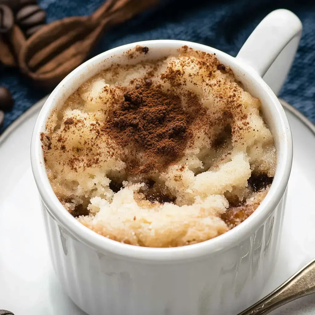 A close-up of a mug cake topped with cocoa powder, served in a white mug.