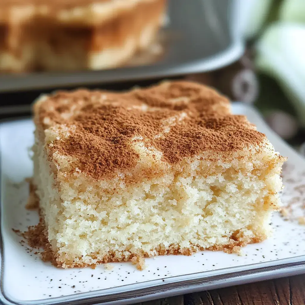 A close-up of a moist piece of vanilla cake dusted with cinnamon on a decorative plate.