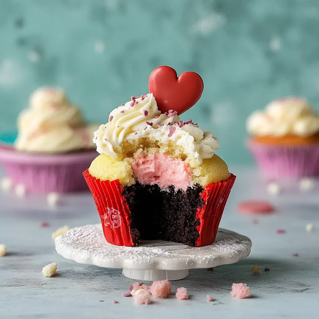 A close-up of a cupcake with a yellow top, revealing a pink filling and a chocolate base, topped with frosting and a red heart decoration.