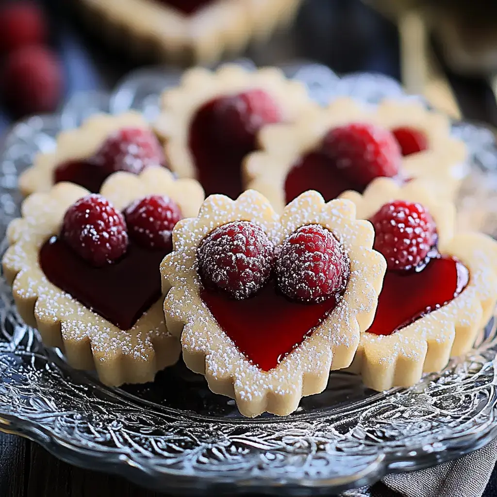 A plate of heart-shaped cookies filled with red jelly and topped with fresh raspberries and powdered sugar.