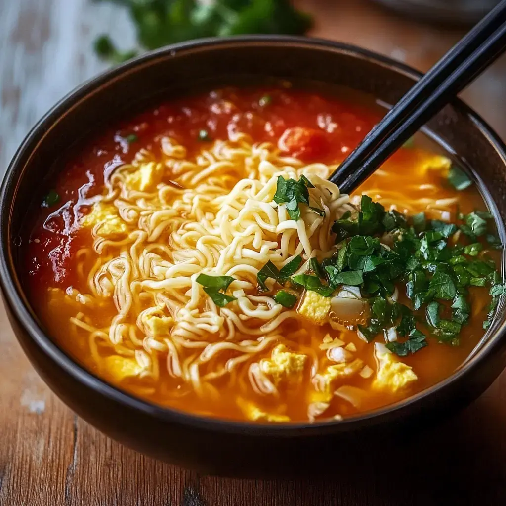 A bowl of noodle soup with egg, herbs, and tomatoes, served with chopsticks.