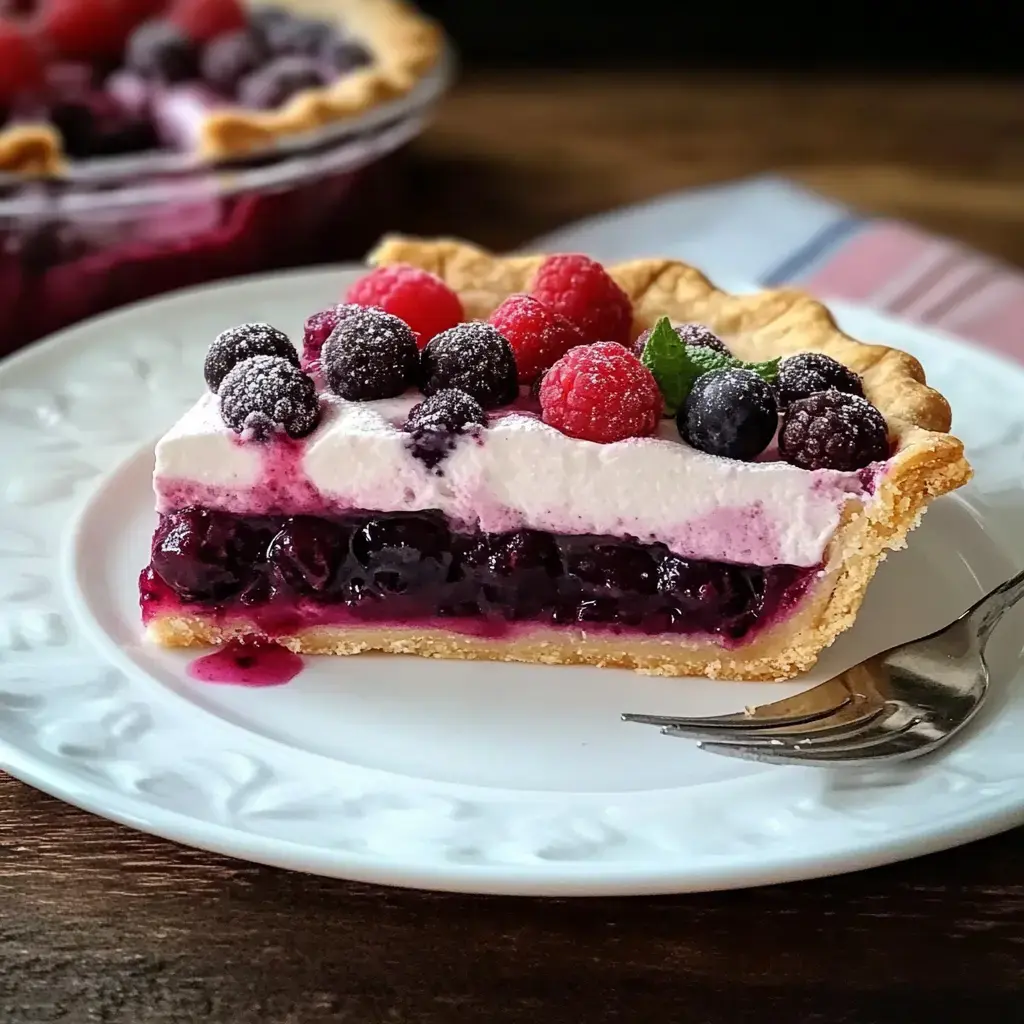 A slice of berry pie topped with whipped cream and fresh raspberries, served on a decorative plate.