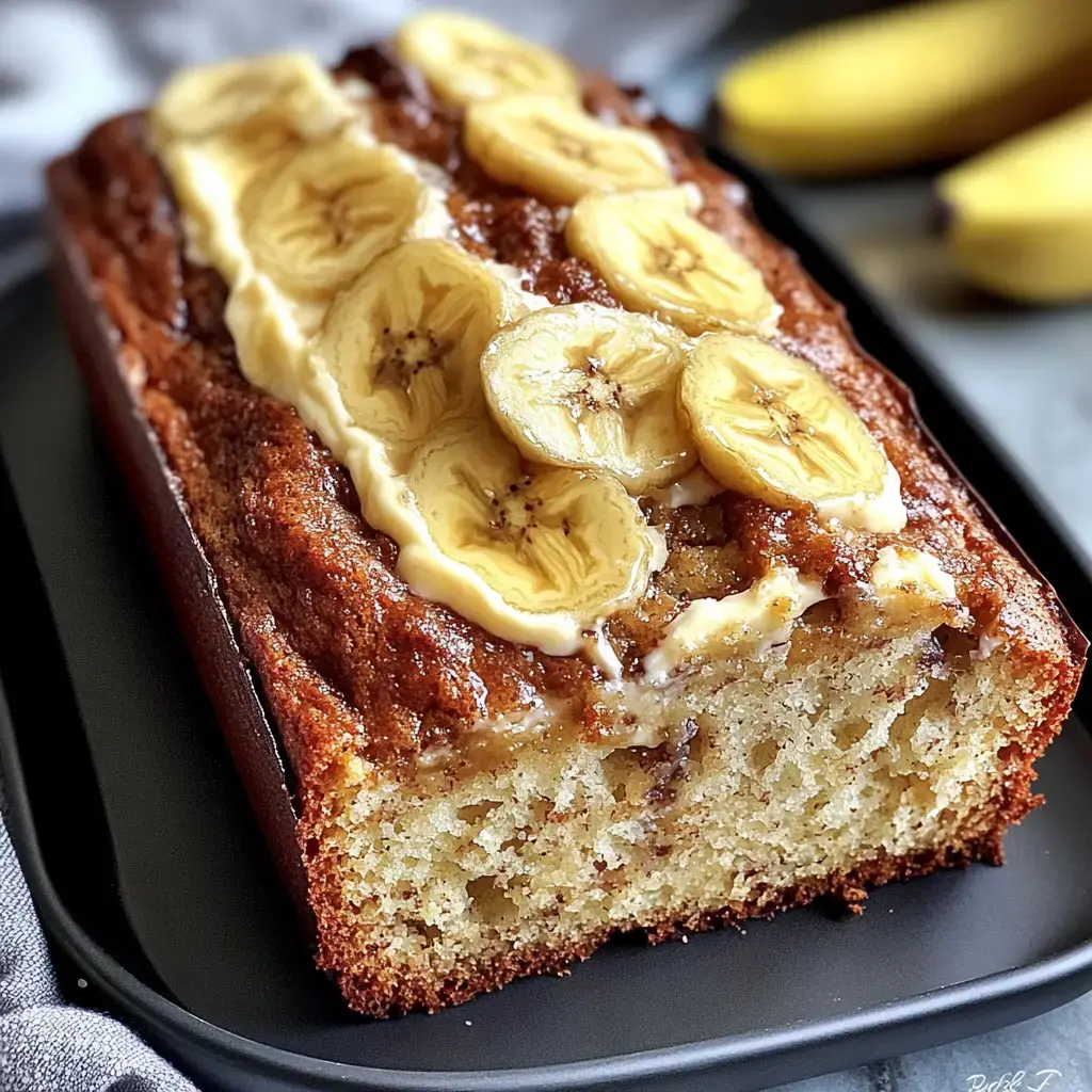 A freshly baked banana bread loaf topped with slices of banana and a drizzle of glaze sits on a black plate, with a couple of whole bananas in the background.