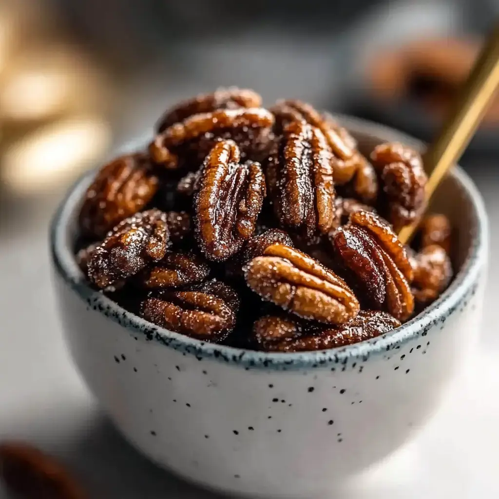 A close-up of a bowl filled with shiny, coated pecans.