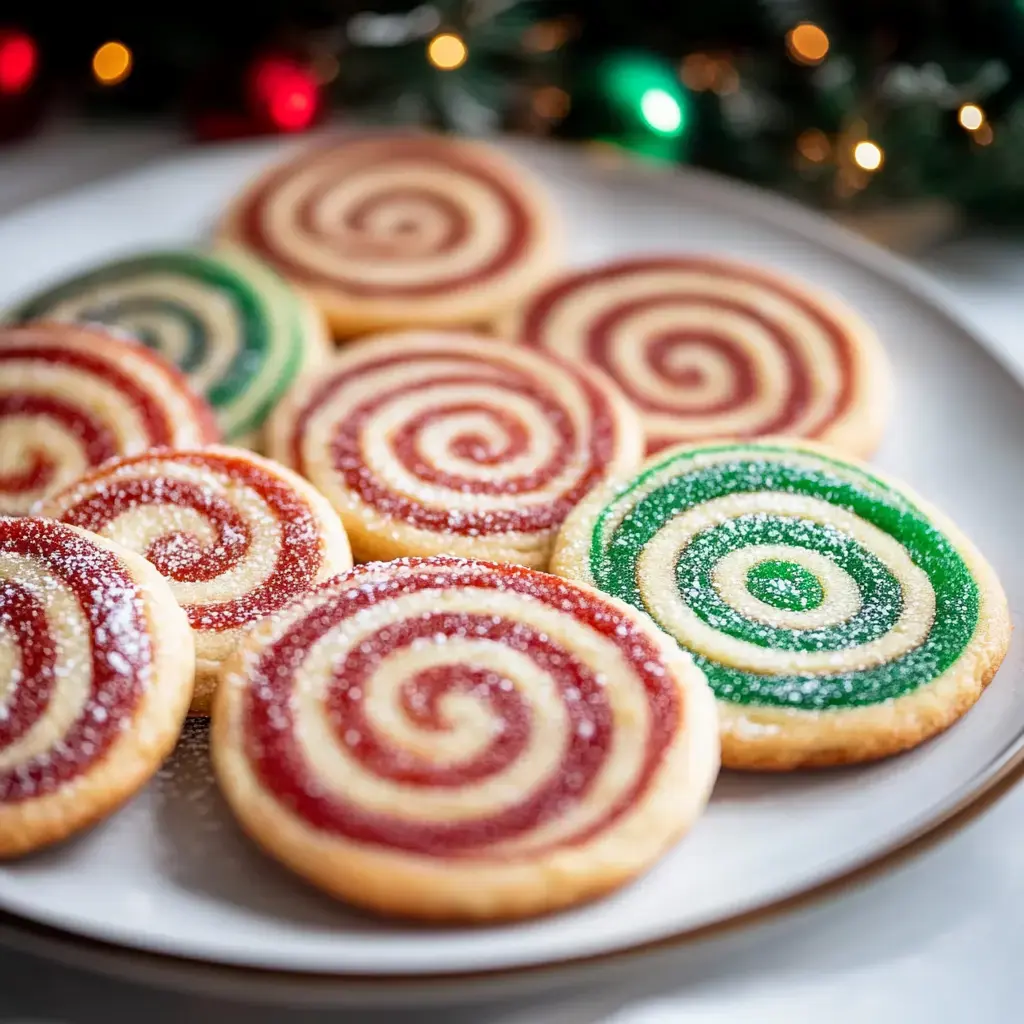 A plate of colorful spiral cookies in red and green with a dusting of powdered sugar, set against a festive background.