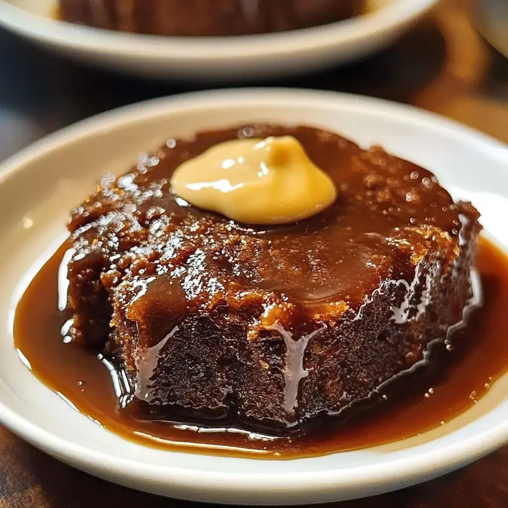 A slice of sticky toffee pudding topped with a dollop of cream sauce on a white plate.