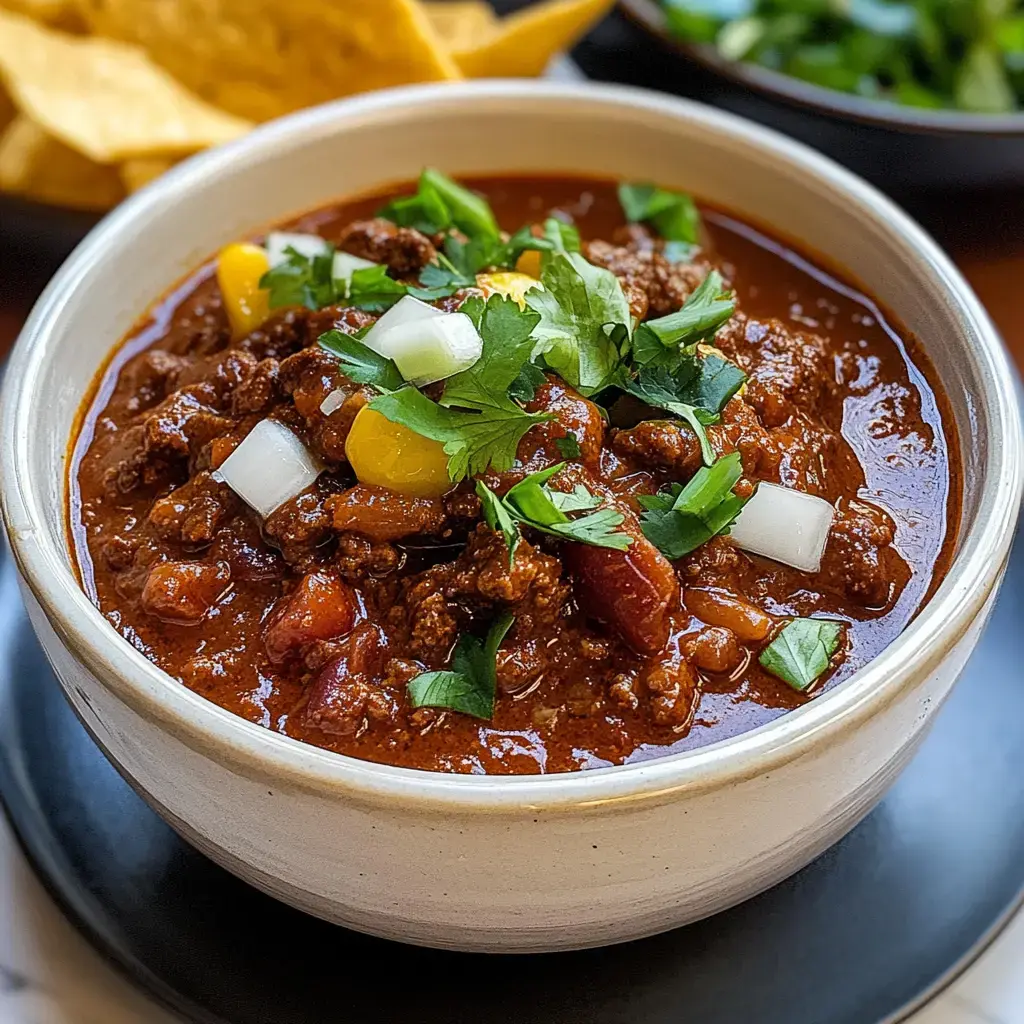 A bowl of chili topped with chopped onions, cilantro, and yellow peppers, accompanied by tortilla chips in the background.