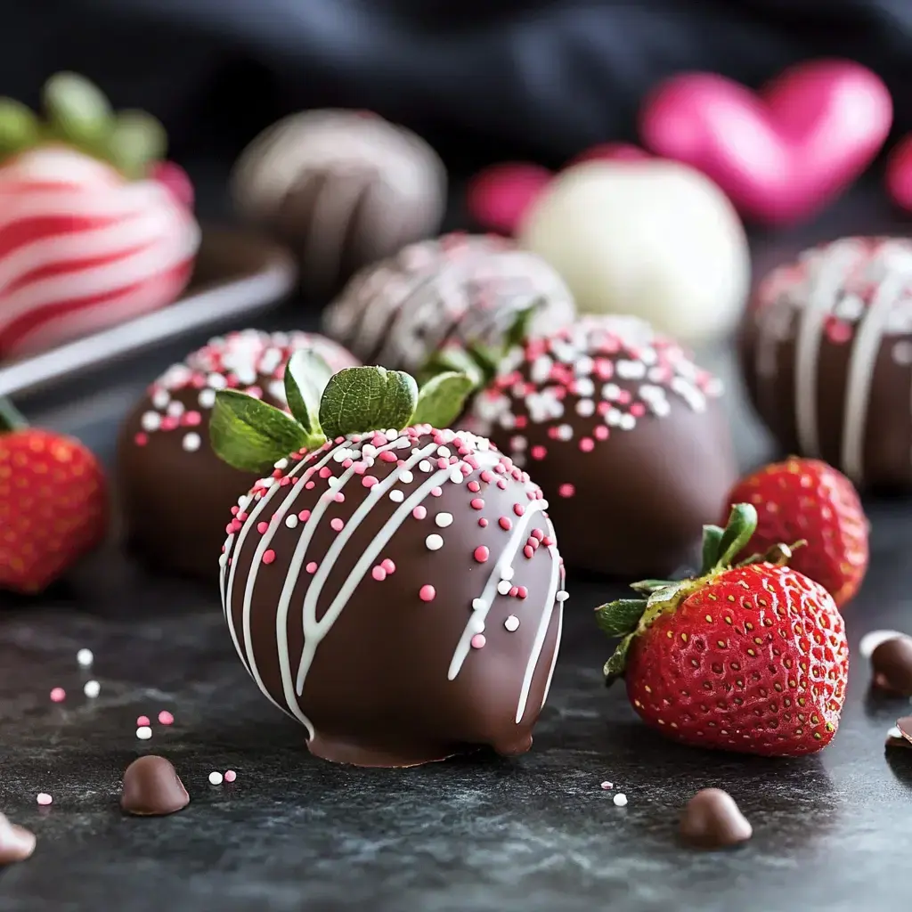 A close-up of chocolate-covered strawberries adorned with colorful sprinkles, alongside fresh strawberries.