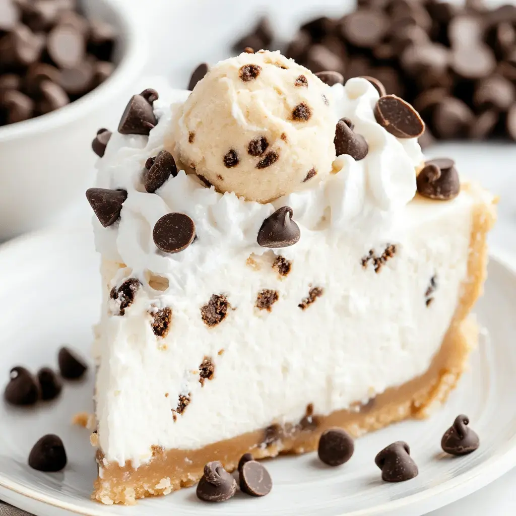 A slice of chocolate chip cookie dough cheesecake, topped with whipped cream, cookie dough, and chocolate chips, sits on a plate with more chocolate chips in the background.