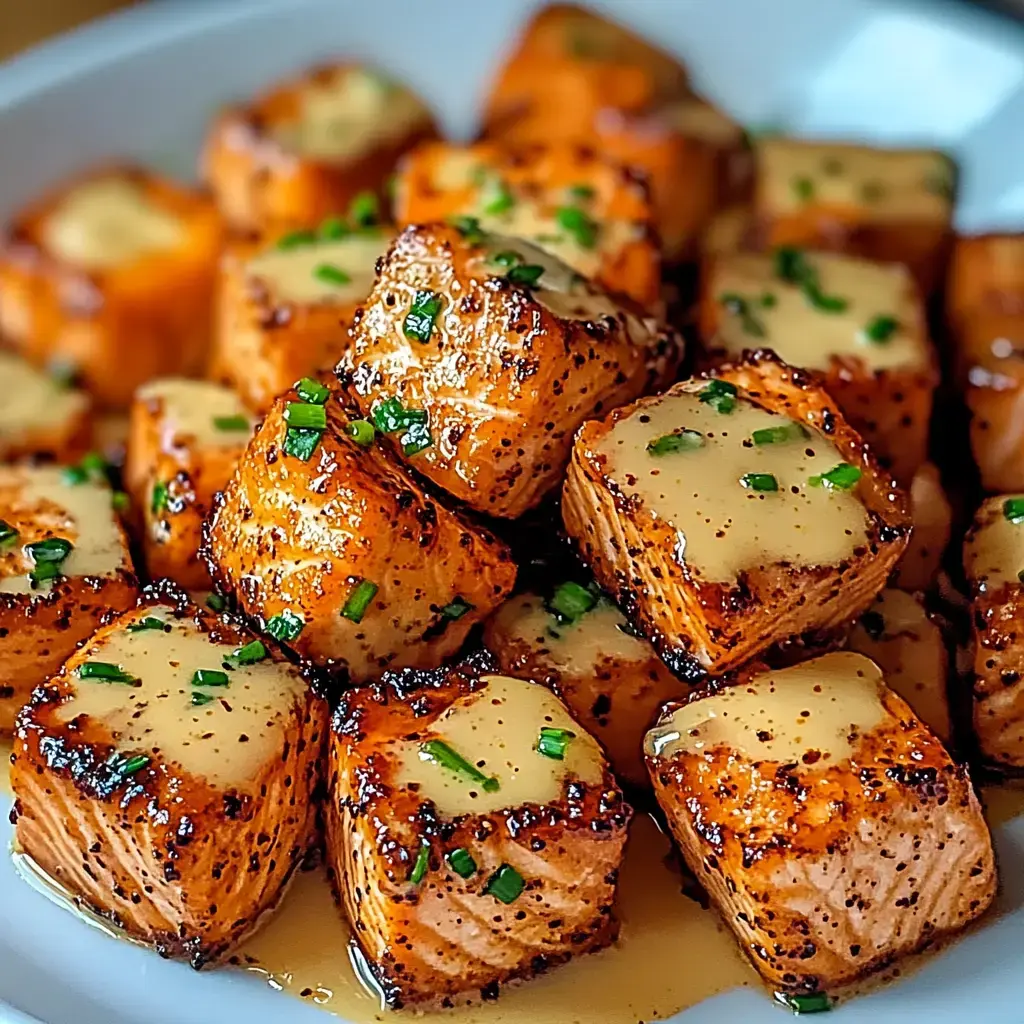 A close-up of beautifully glazed and seared salmon cubes topped with green onions on a white plate.