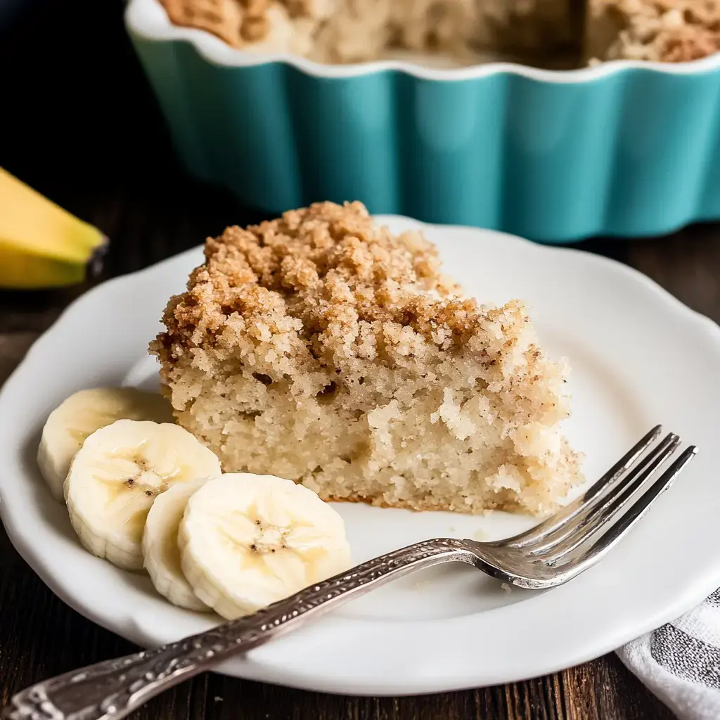 A slice of crumb cake is served on a white plate next to banana slices and a silver fork, with a teal dish of cake in the background.