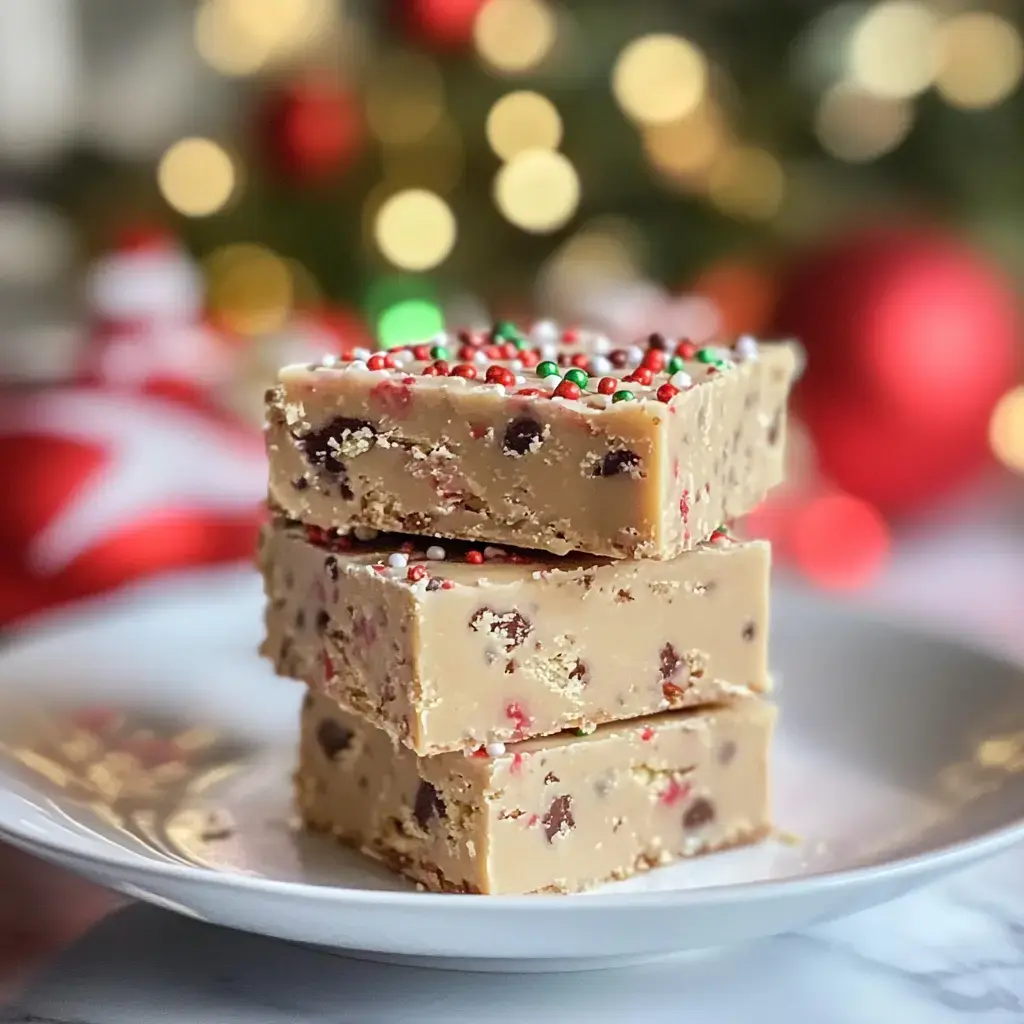 A plate holds three stacked pieces of holiday-themed fudge, decorated with red, green, and white sprinkles, against a blurred festive background.