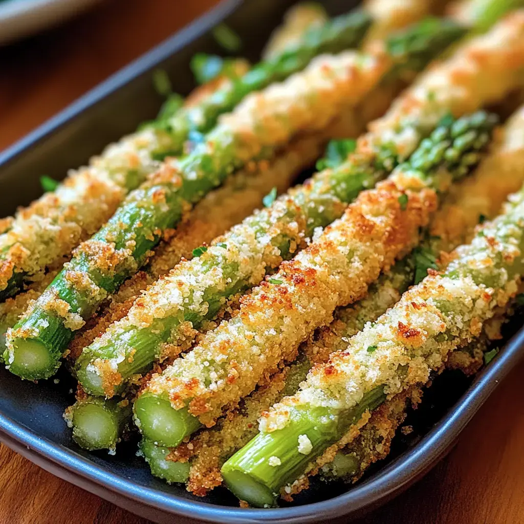 A close-up of freshly baked, golden-brown, breaded asparagus spears arranged in a dark dish.