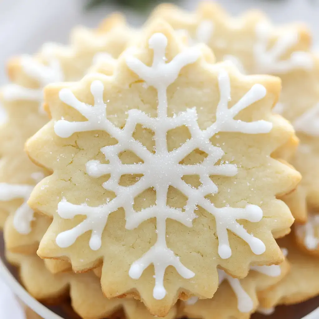 A close-up of decorated snowflake-shaped cookies with white icing.