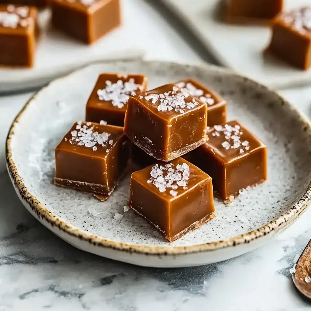 A plate of sweet, shiny caramel cubes topped with coarse sea salt.