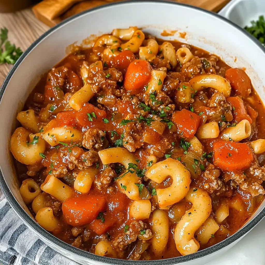 A close-up of a bowl of hearty macaroni with ground beef, carrots, and a rich tomato sauce, garnished with parsley.