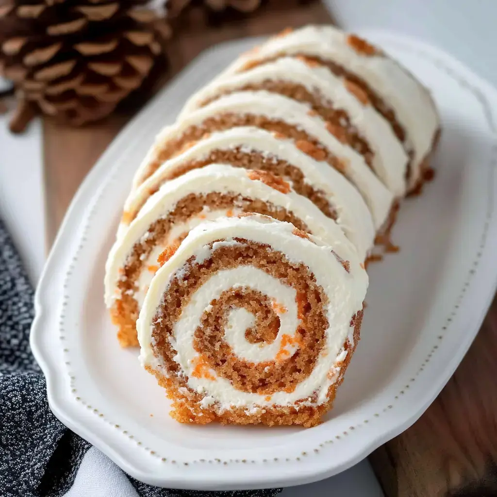 A sliced pumpkin roll cake with cream cheese frosting is displayed on a white platter, accompanied by pine cones in the background.