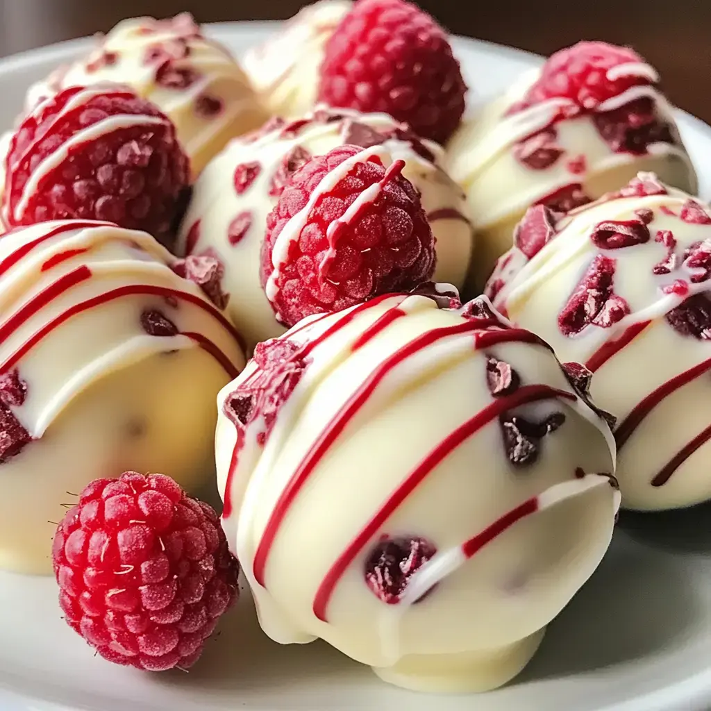 A plate of white chocolate truffles topped with raspberries and drizzled with red syrup.