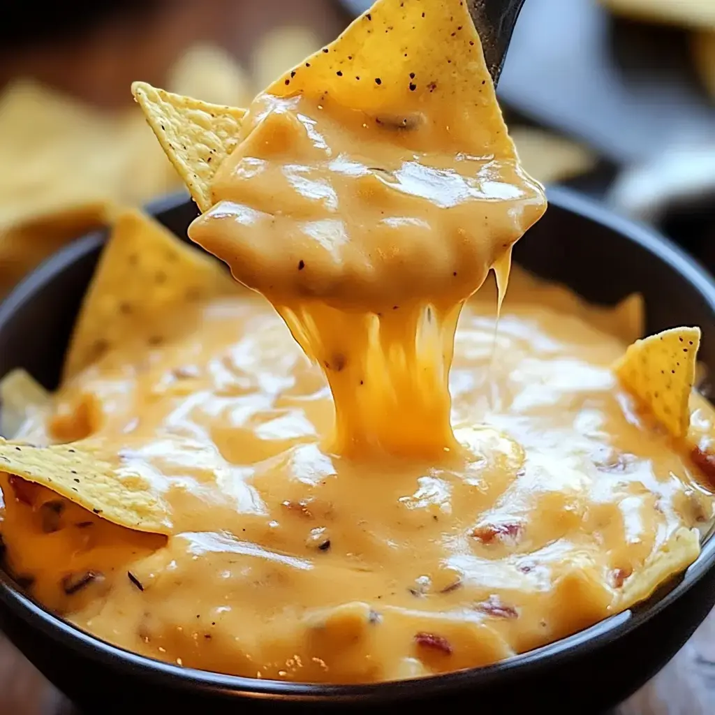 A hand holds a tortilla chip dripping with melted cheese above a bowl of creamy cheese dip, surrounded by more chips.