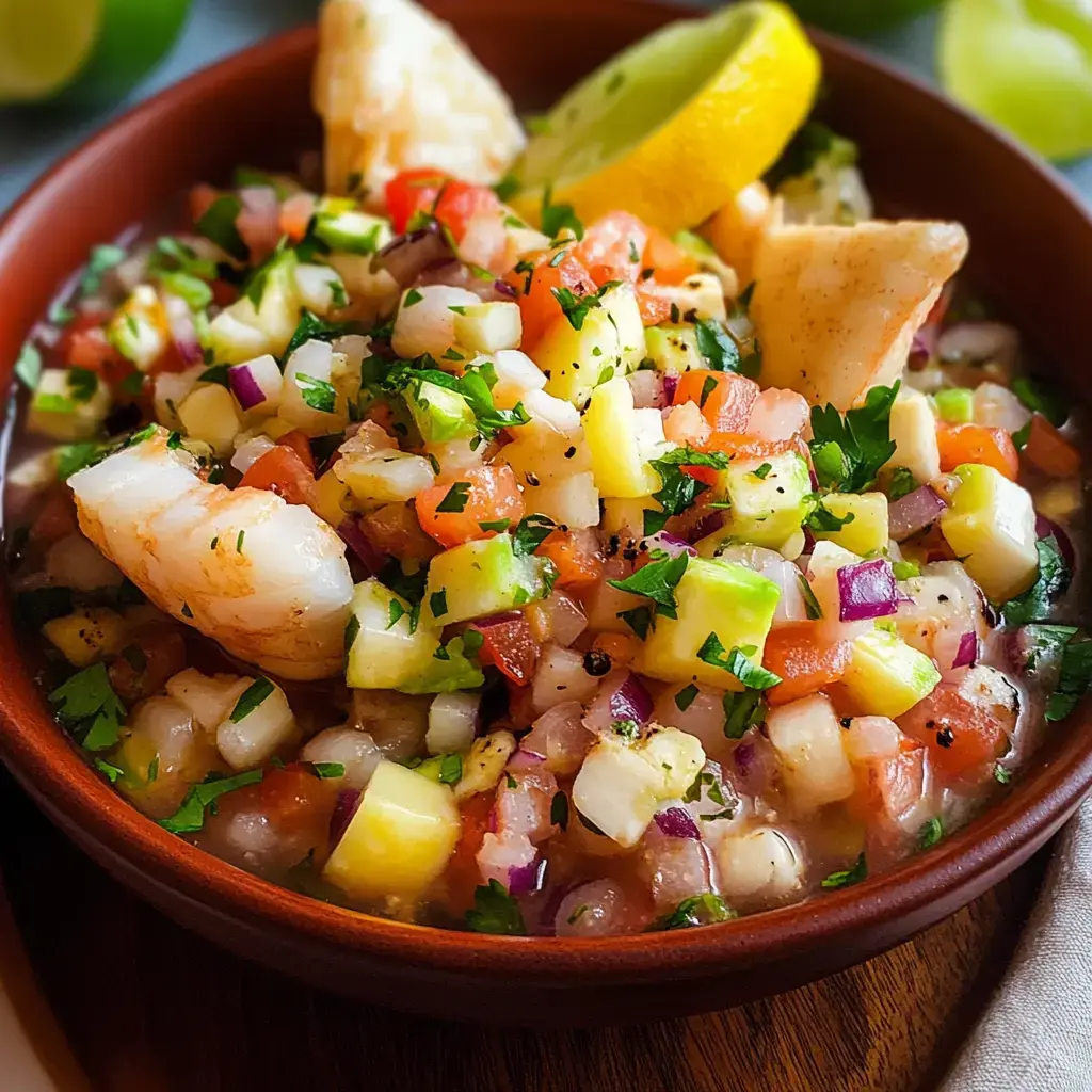 A bowl of fresh ceviche featuring diced fish, diced vegetables, and garnished with lemon and parsley.