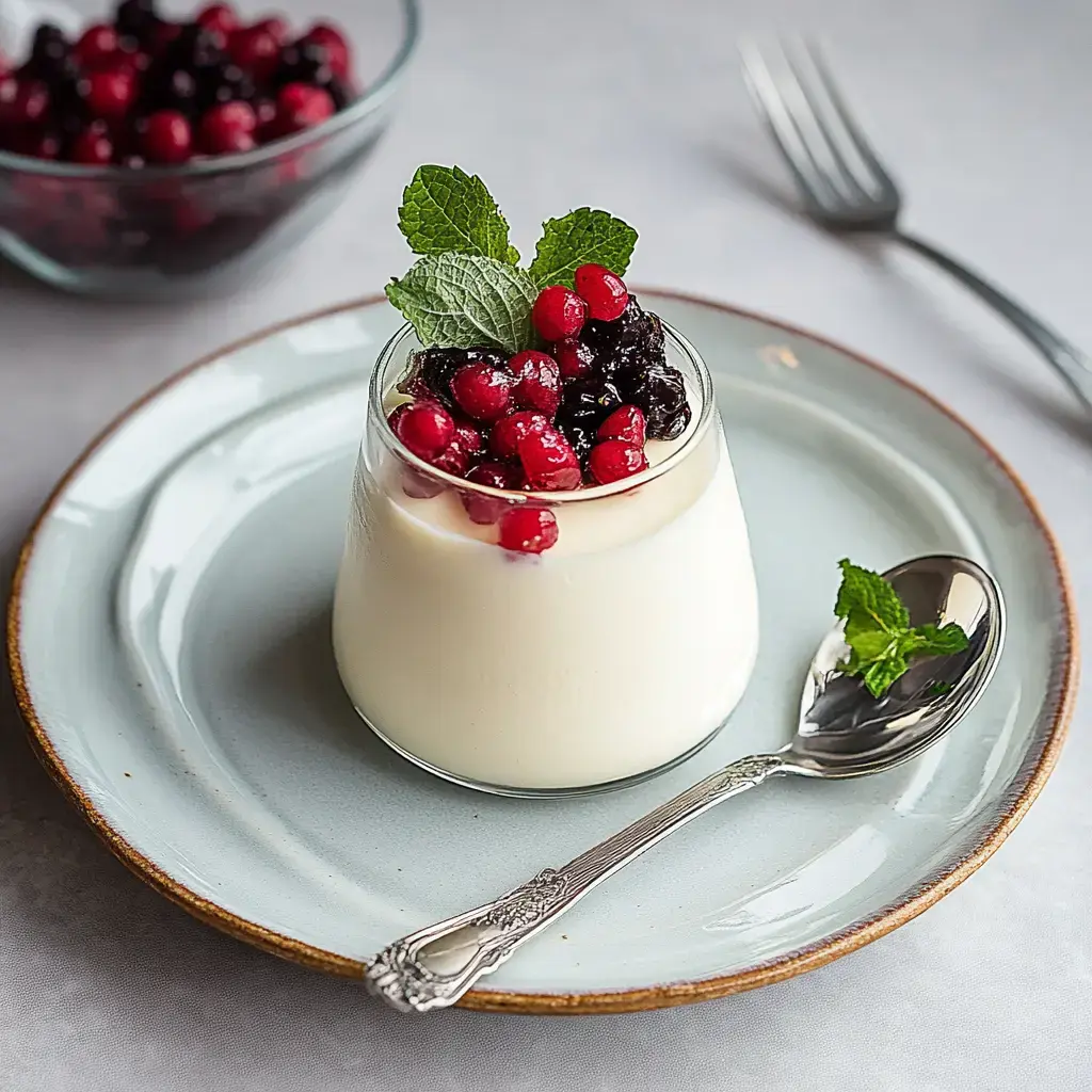 A glass of creamy dessert topped with mixed berries and fresh mint sits on a plate with a spoon beside it.