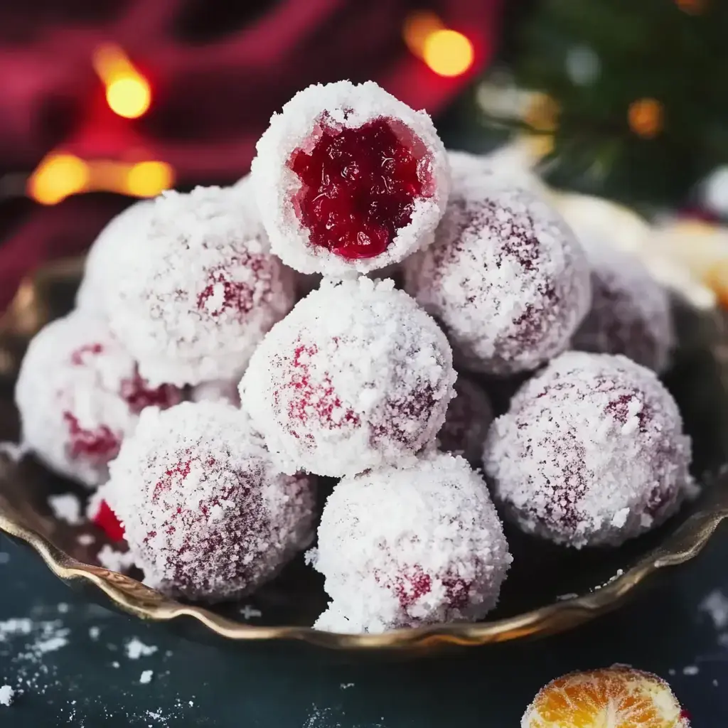 A pile of sugared cranberry balls on a decorative plate, with one cranberry cut in half to reveal its red filling.