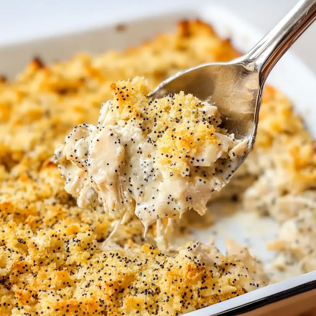 A spoonful of creamy chicken casserole with a crispy topping is being lifted from a baking dish.