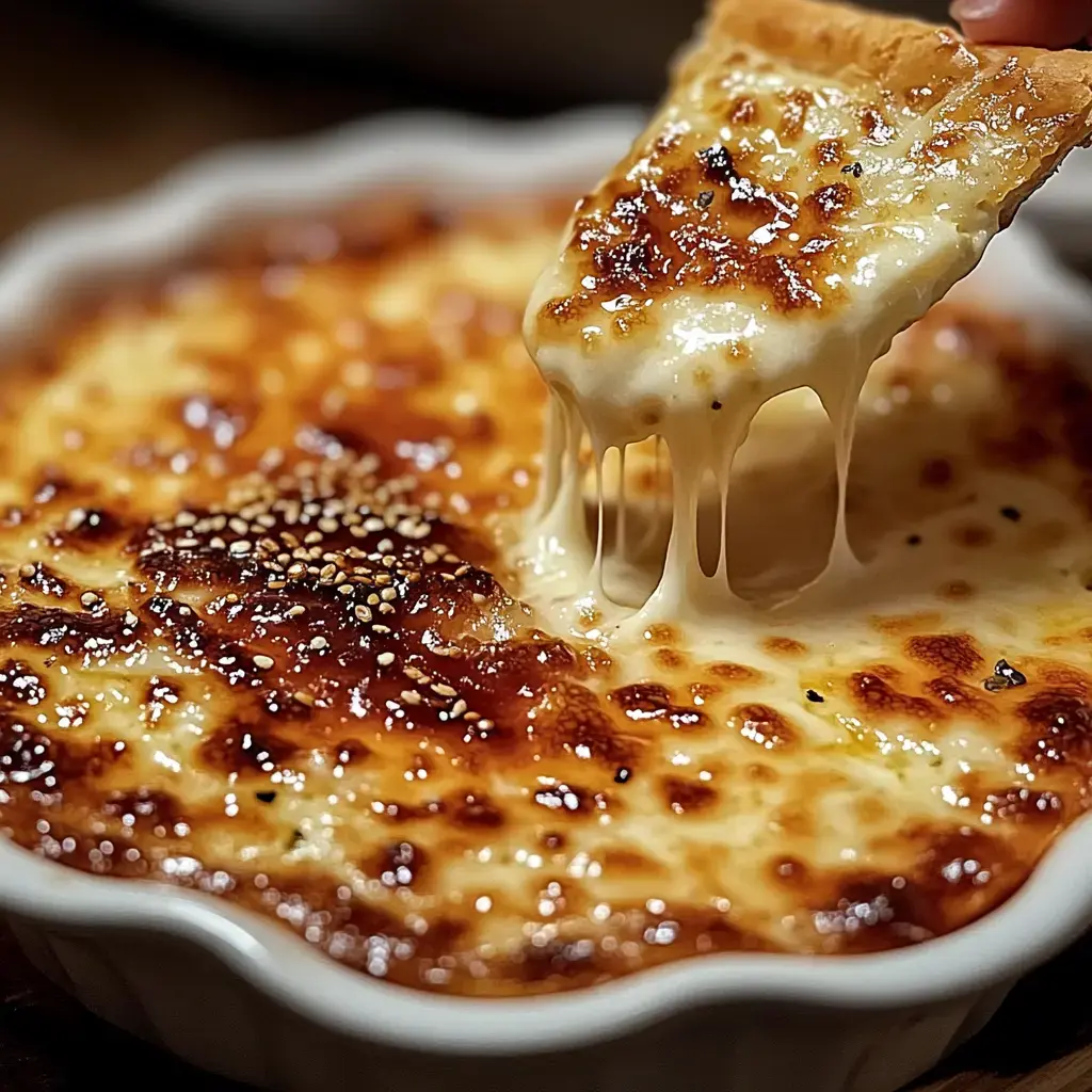 A piece of bread is being lifted from a dish of gooey, melted cheesy pasta topped with a golden brown crust and sesame seeds.