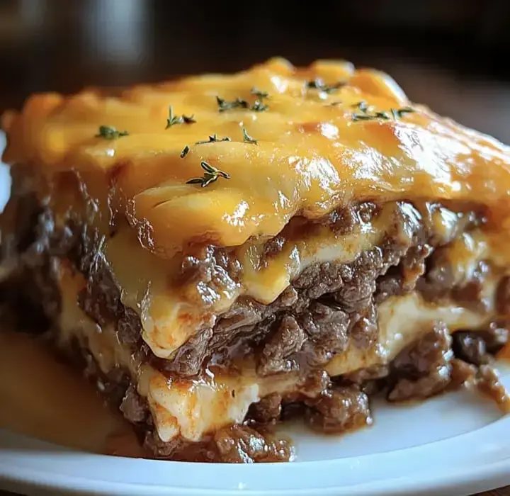 A close-up of a delicious layered dish featuring ground beef, melted cheese, and herbs, served on a plate.