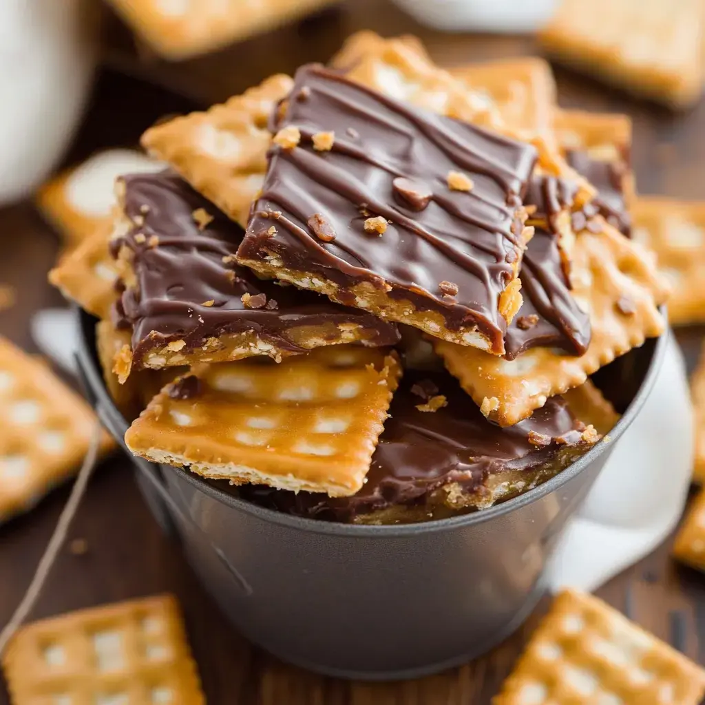 A bowl filled with chocolate-drizzled cracker treats stacked together, with additional crackers scattered around.